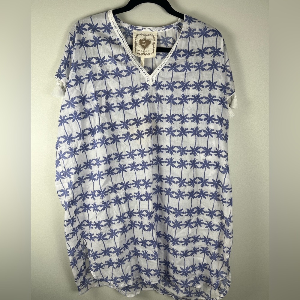 Z&L Europe Blue White Palm Tree Swim Cover Up 100% Cotton Tassle Fringe M/L